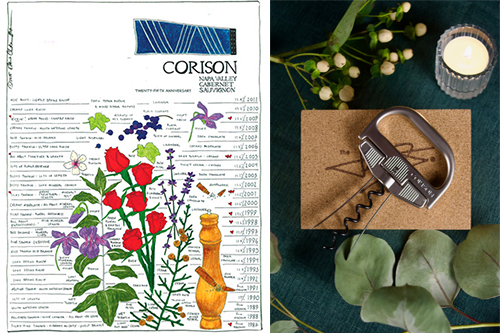 Print created by Elaine Chuckan Brown to celebrate the 25th release of Corison Napa Valley Cabernet Sauvignon with wine descriptions of the vintages and illustrations of those descriptors; and a holiday photo of the Durand bottle opener.