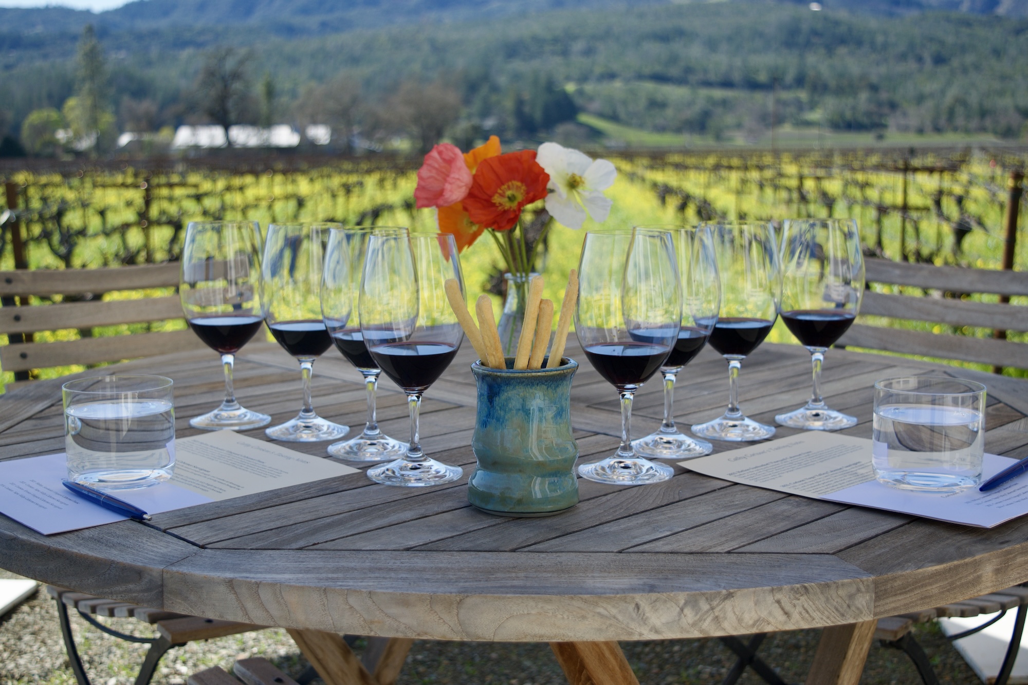 Table on crush pad set up for a tasting.